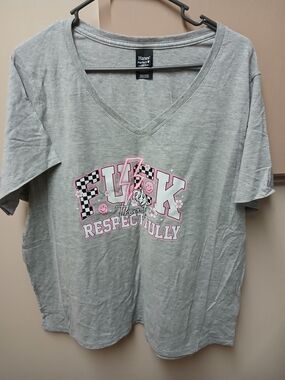 Hanes Gray V-Neck Graphic Tee - Pink/Black Accents